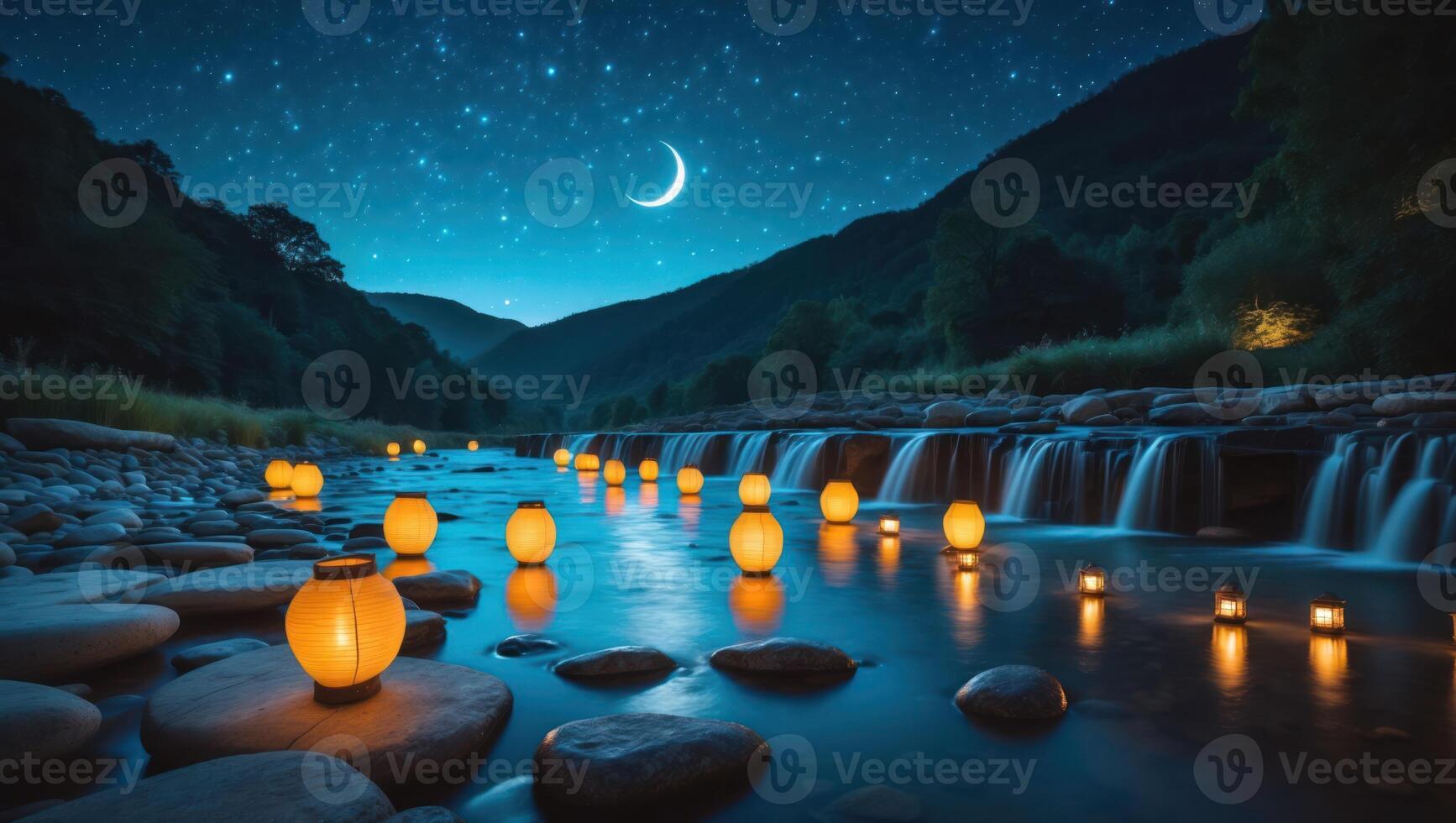 Floating Lanterns Illuminate River at Night Under Crescent Moon photo