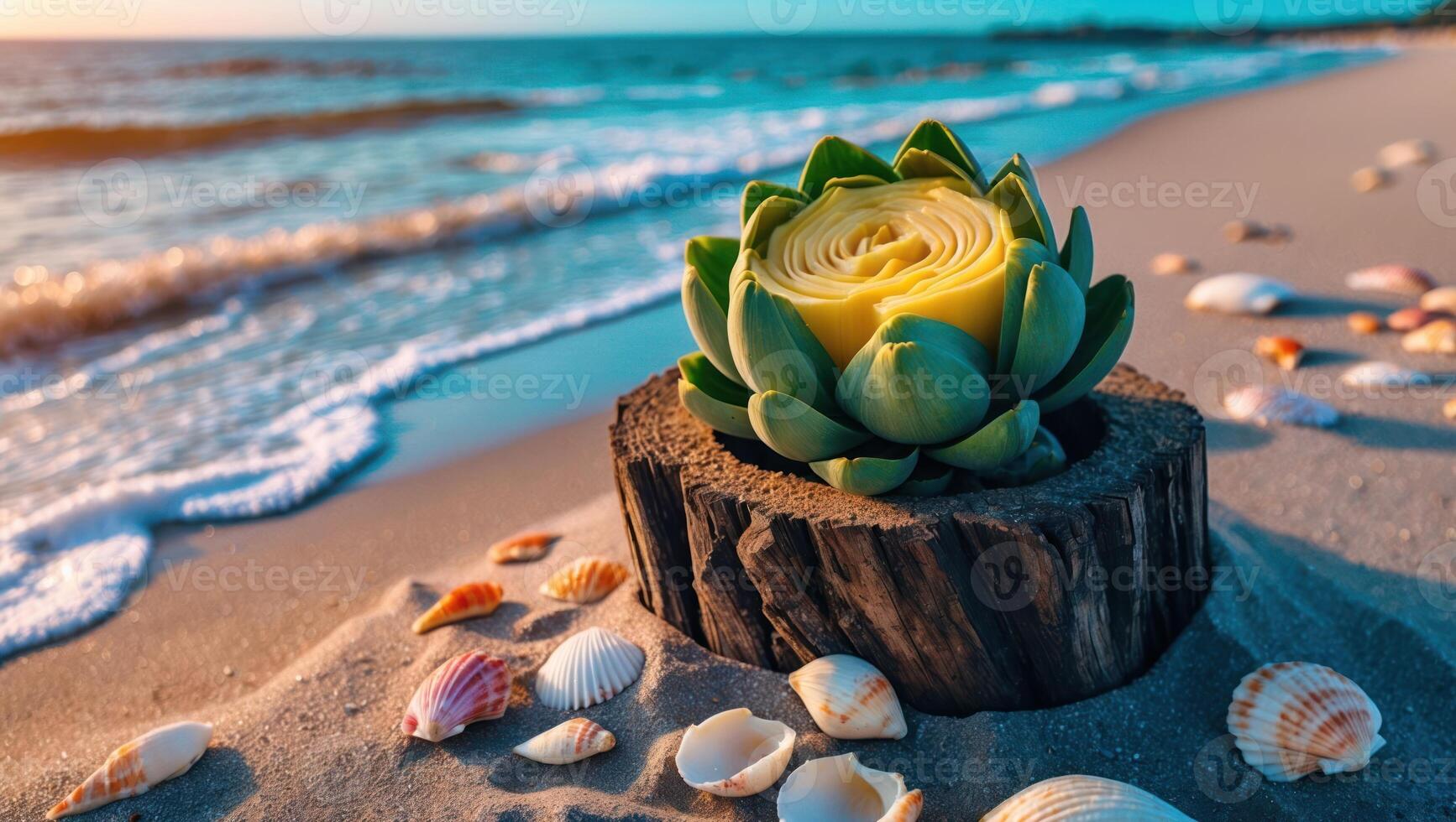 Artichoke on a Beach Log Surrounded by Seashells with Ocean Backdrop photo