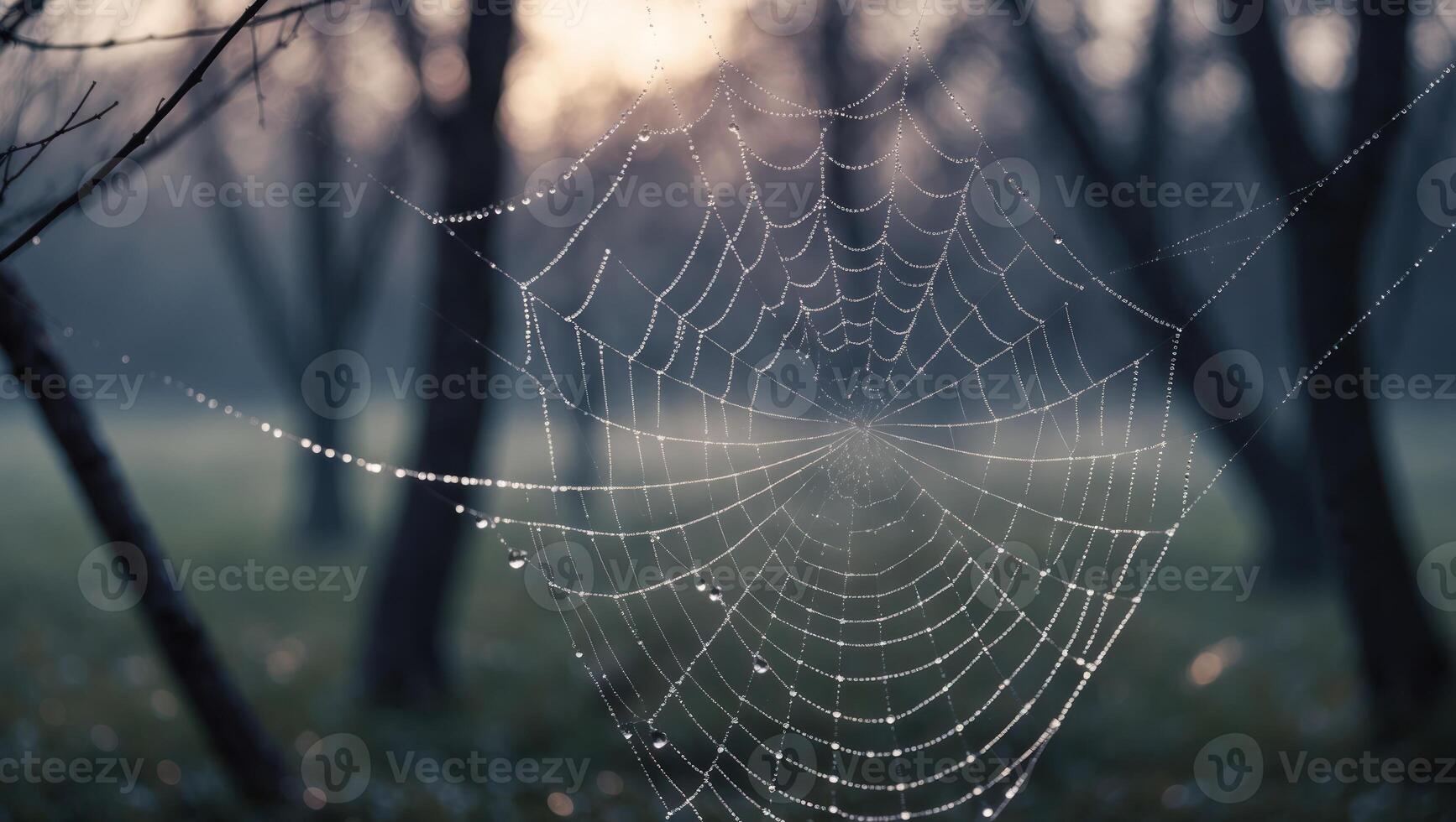 Spiderweb Covered in Dew Drops in Misty Forest Scene photo