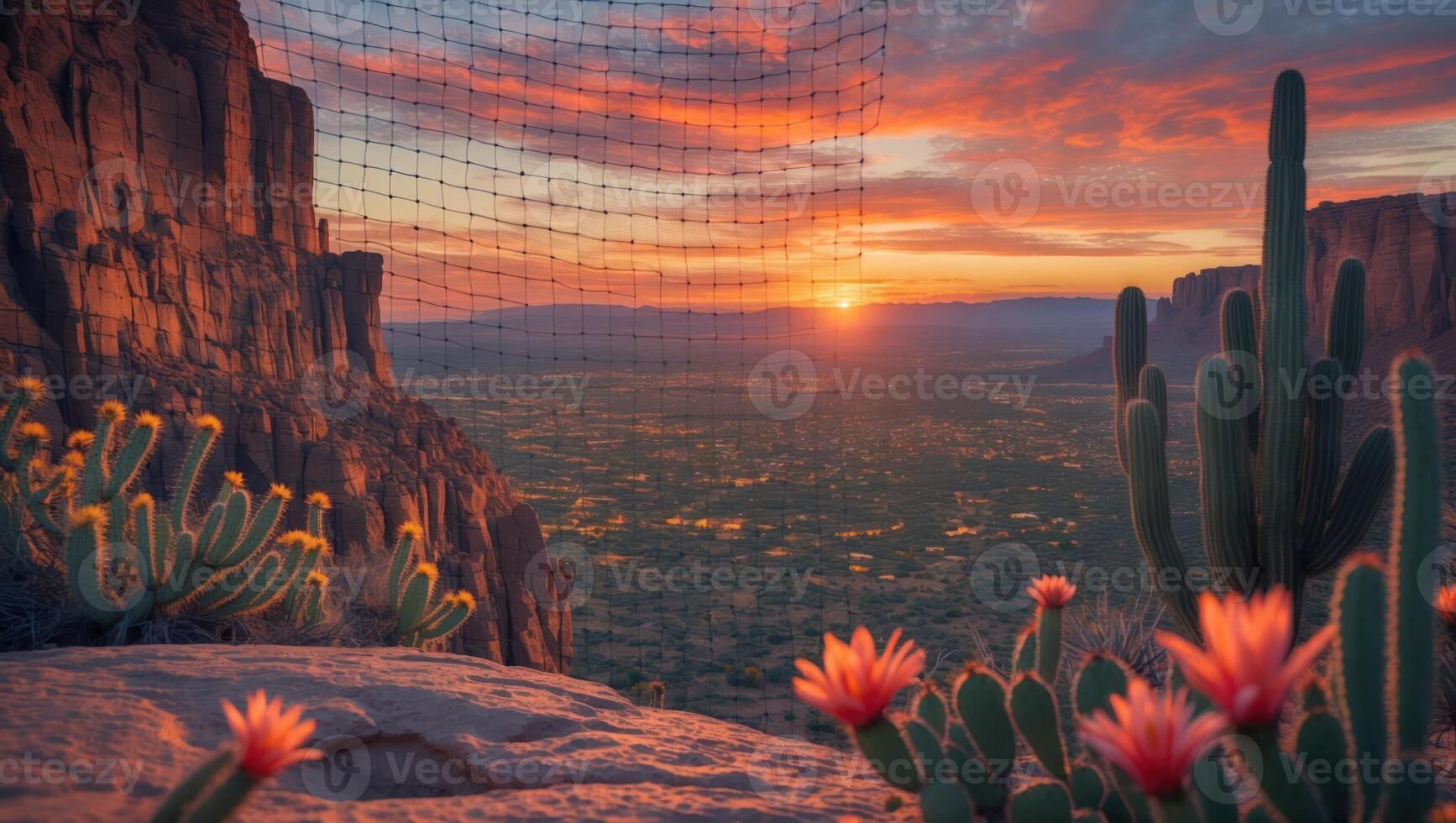 Cactus Blooms at Sunset Overlooking Desert Valley From Rocky Cliff photo