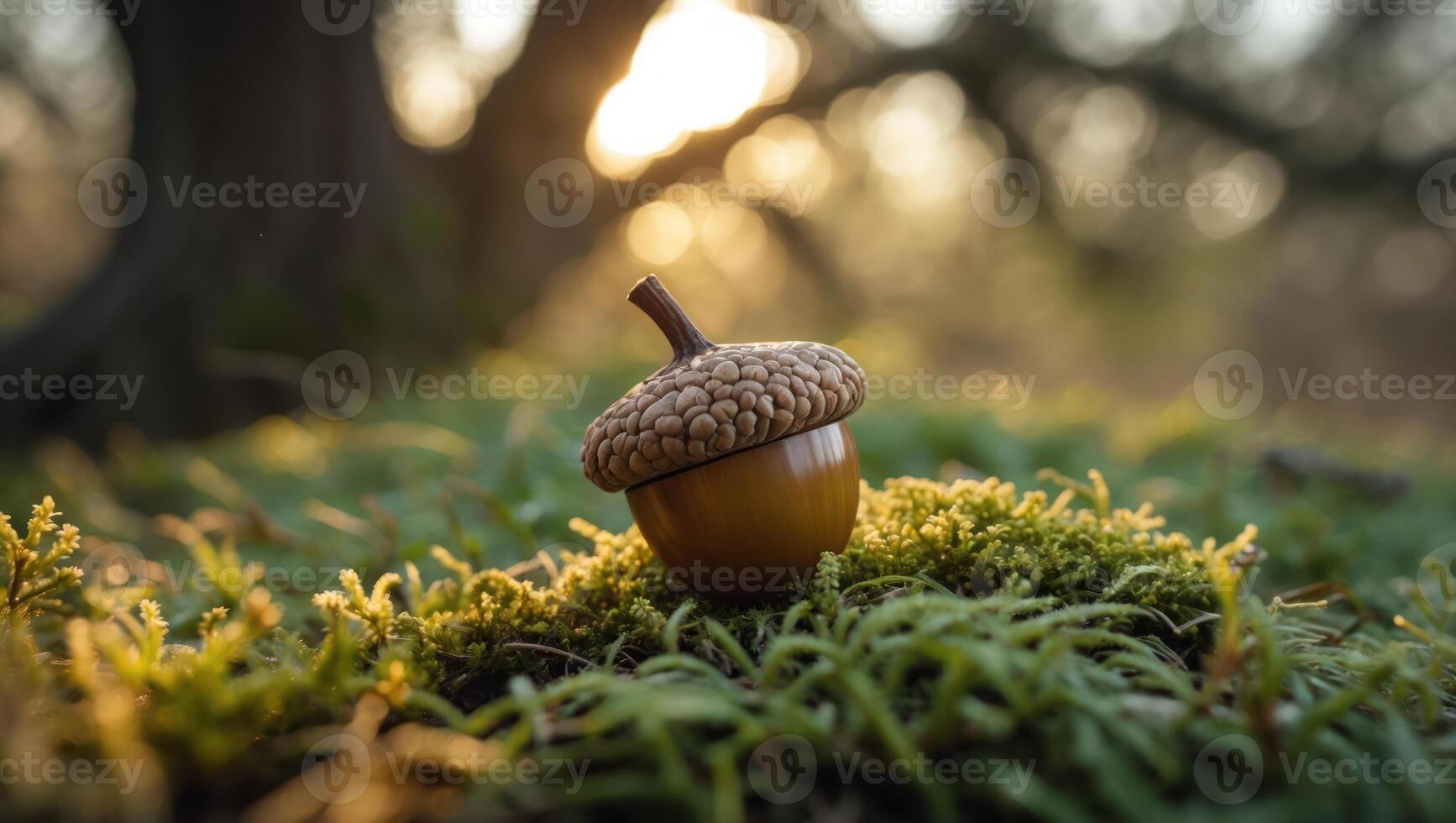 Acorn Resting on Mossy Ground in Forest with Golden Sunlight photo