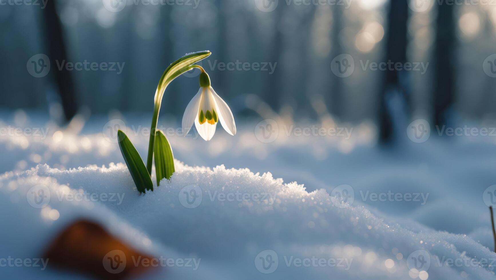 Snowdrop Flower Growing in Winter Snow Shines in Sunlight Glow photo