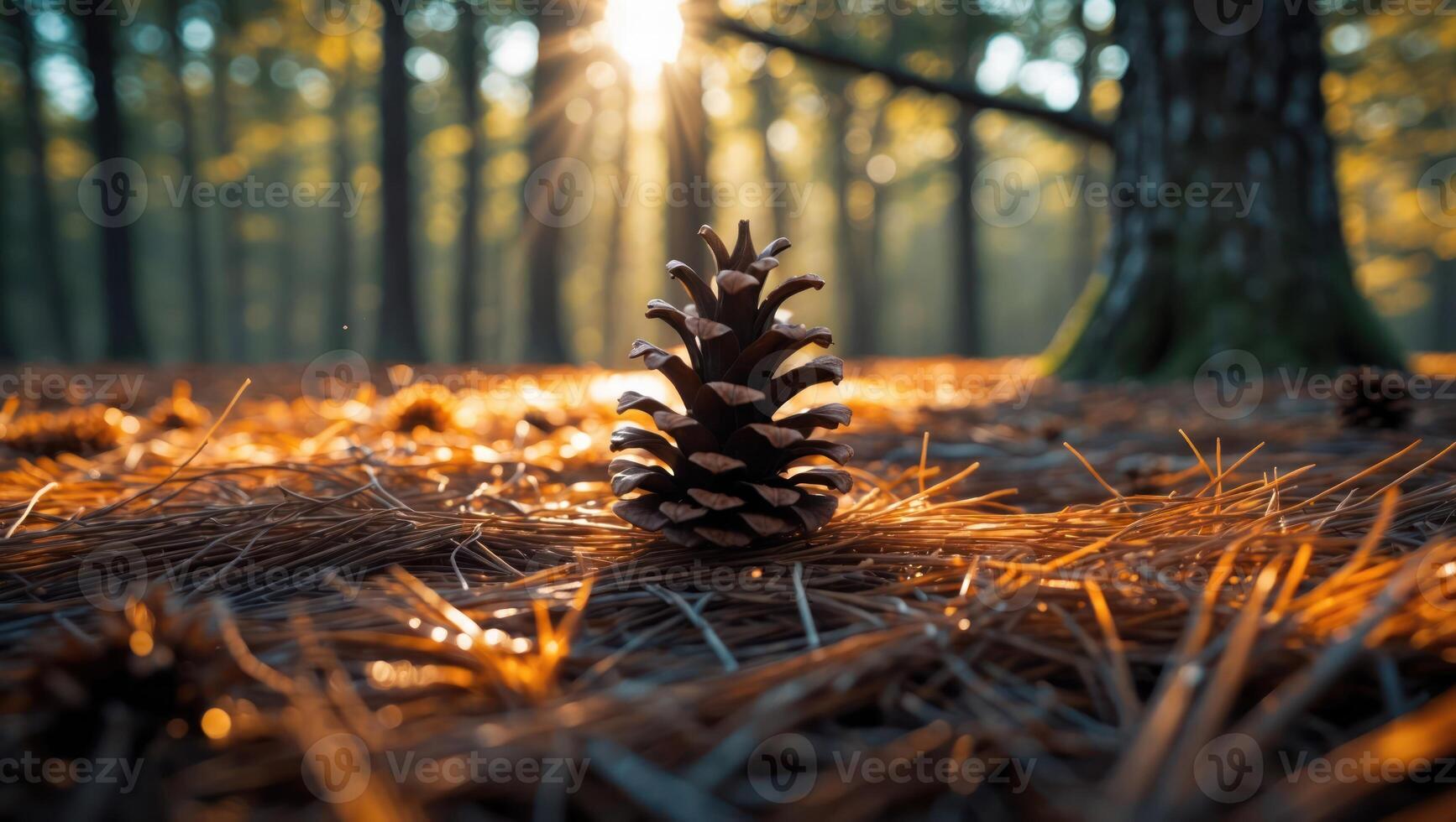 Pine Cone Resting Among Needles with Forest Sunlight Shining Through photo