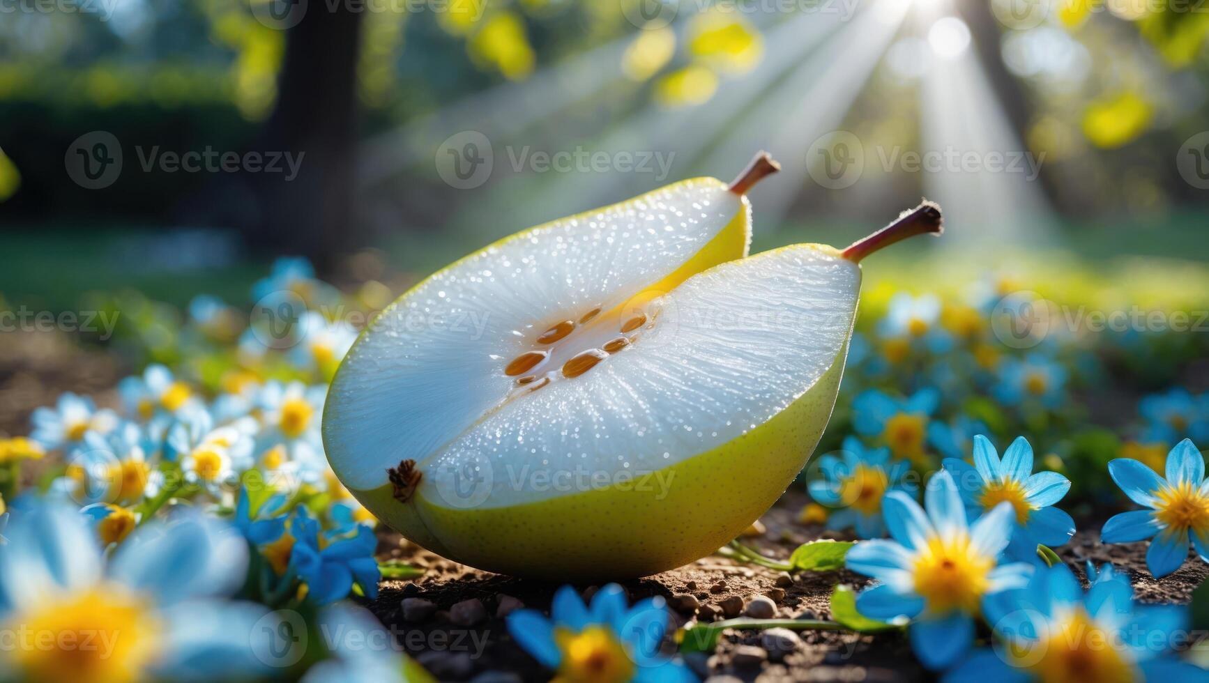 Cut Pear with Flowers in a Sunny Garden Setting photo