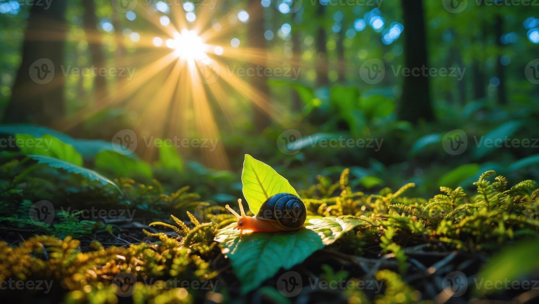 Snail Resting on Leaf in Forest with Sunlight Bursting Through photo
