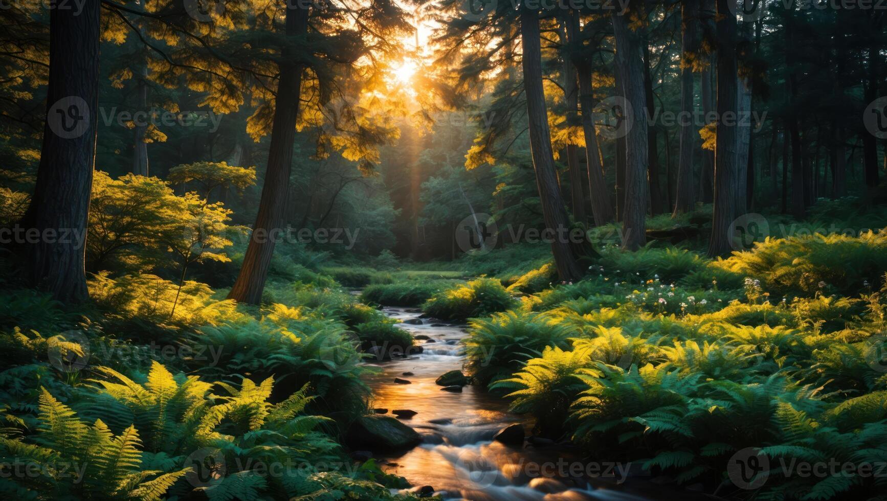Flowing Stream Through Forest with Sun Rays and Green Ferns photo