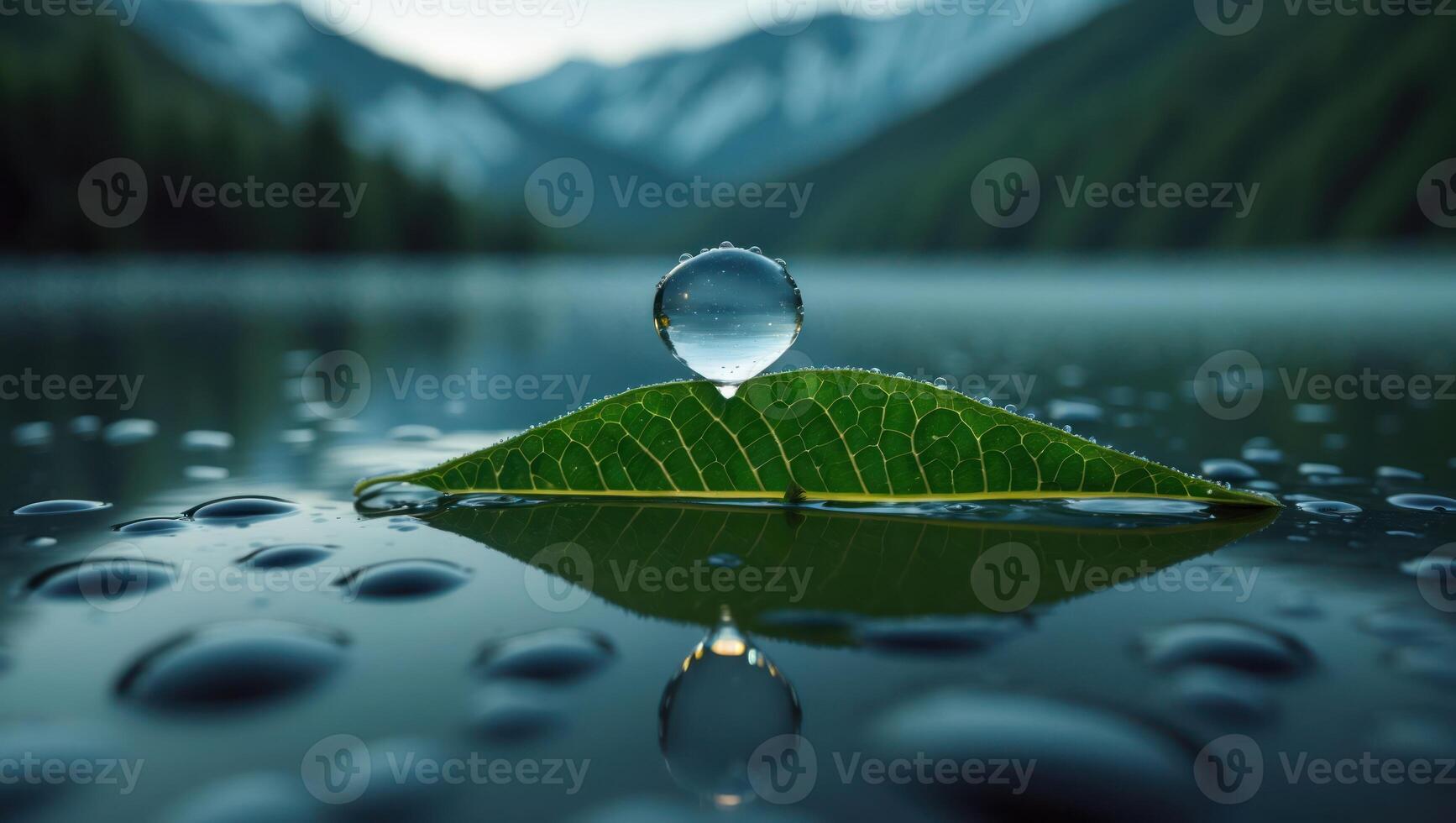 Water Drop on Leaf Floating Serene Lake Reflecting Mountain Scene photo