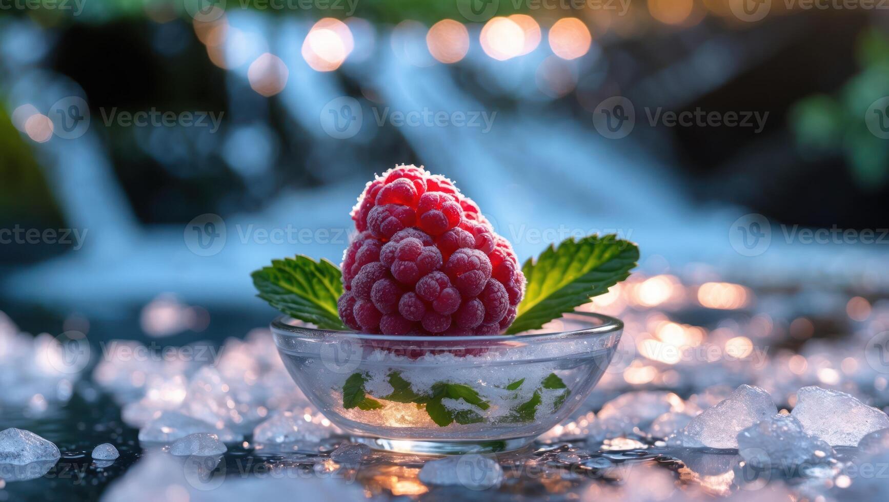 Iced Raspberry with Mint in Bowl Near Waterfalls and Ice photo