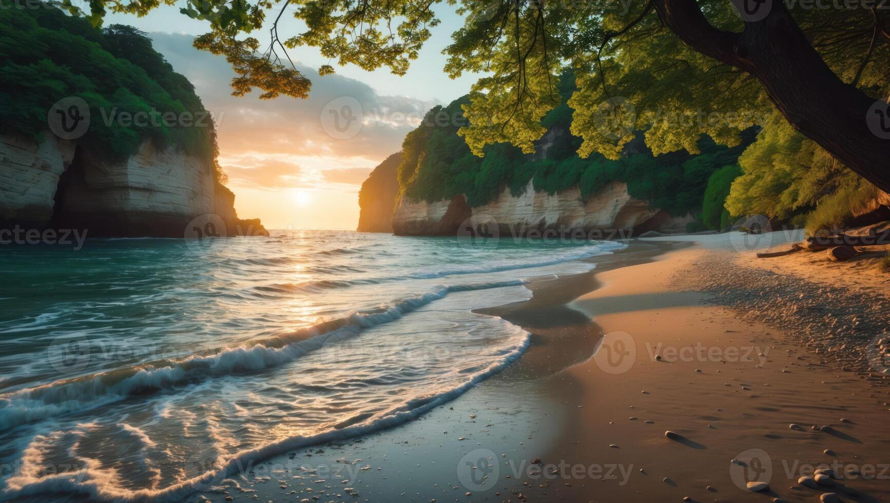 Calm Beach at Sunset with Gentle Waves and Lush Cliffs photo