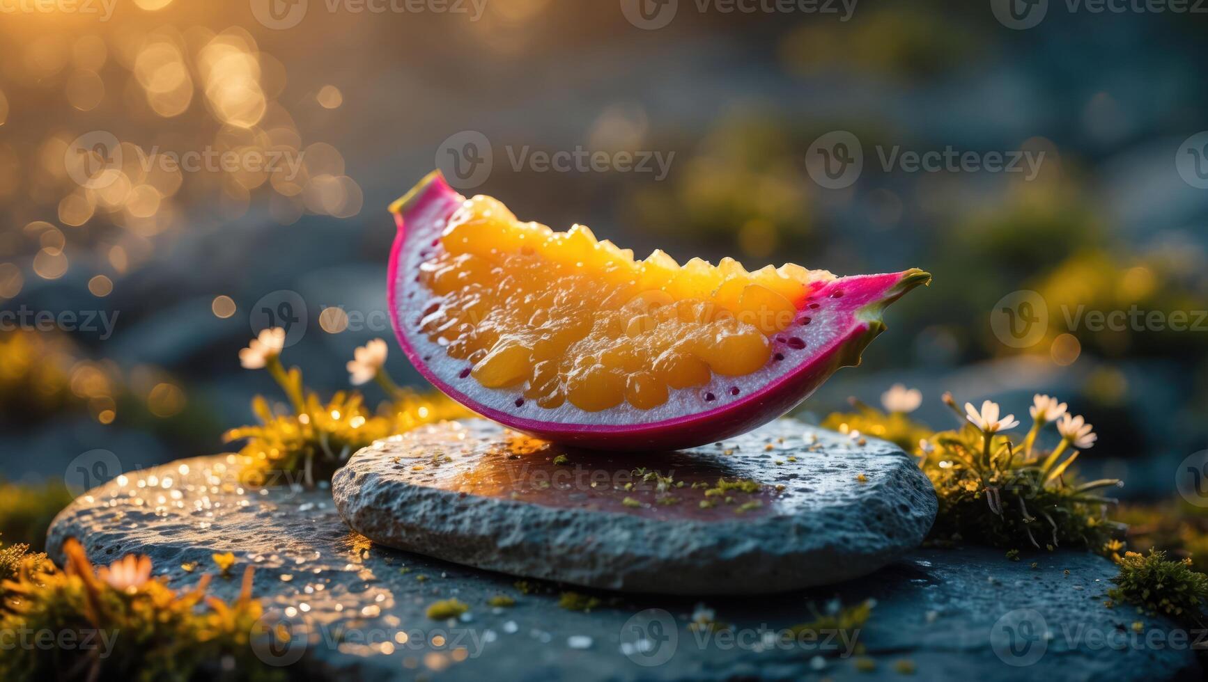 Slices of Exotic Fruit Displayed on Stone with a Bokeh Background photo
