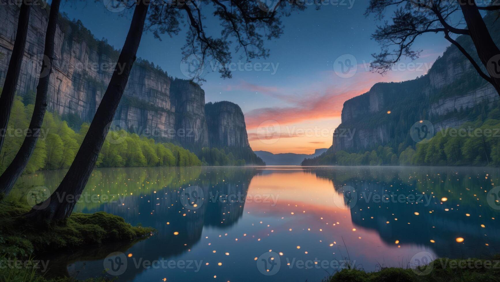 Lake Reflecting Colorful Sky with Cliffs and Trees in Nature photo