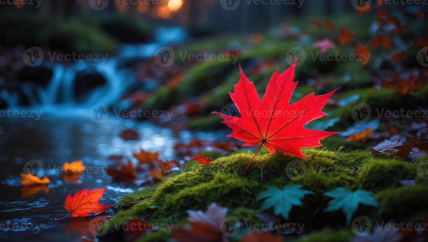 Red Maple Leaf on Moss Beside a Flowing Stream in Autumn photo