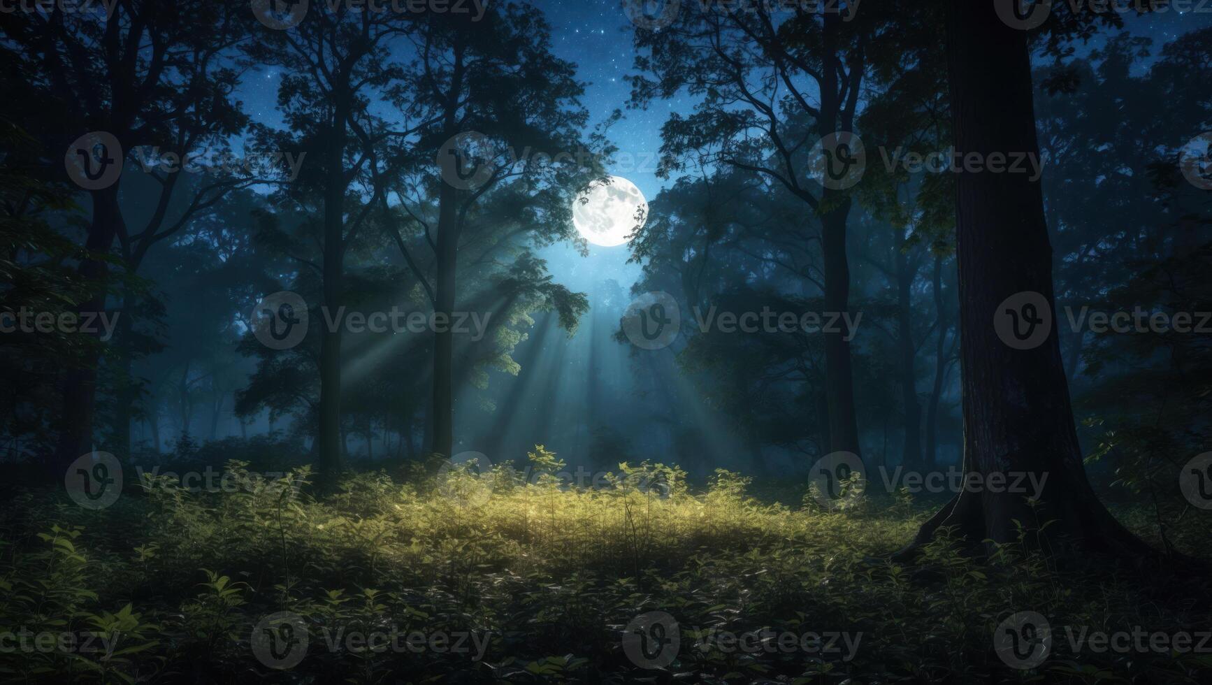 Full Moon Shining Through Trees in a Misty Forest at Night photo