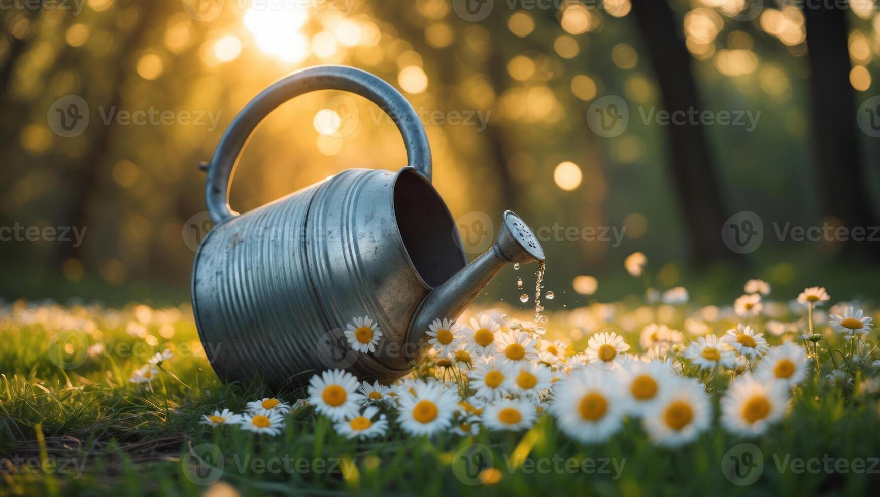 Watering Can Pouring Water on Daisies in Sunny Meadow Setting photo