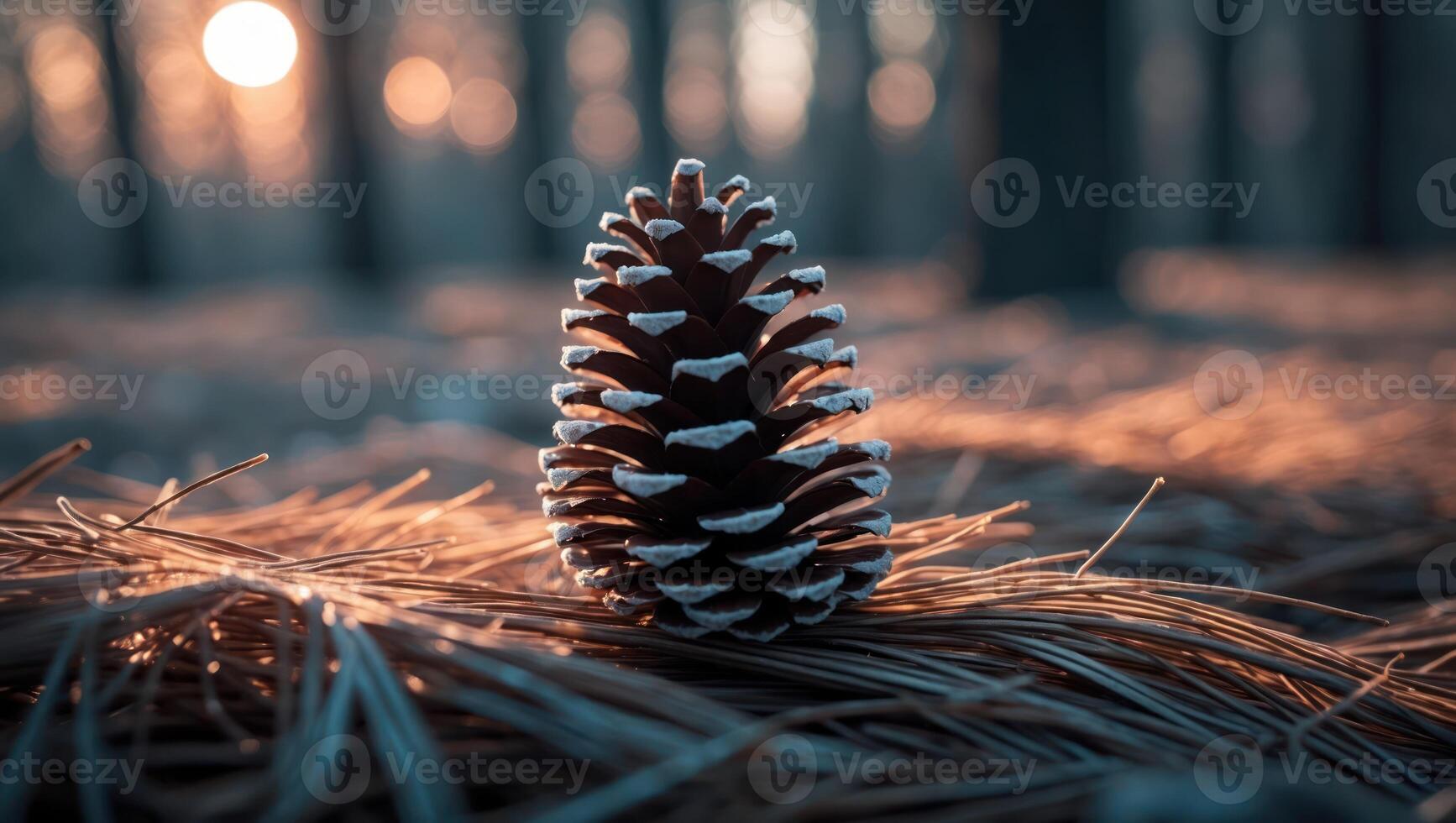 Pine Cone on Pine Needles at Sunset in Forest Setting photo