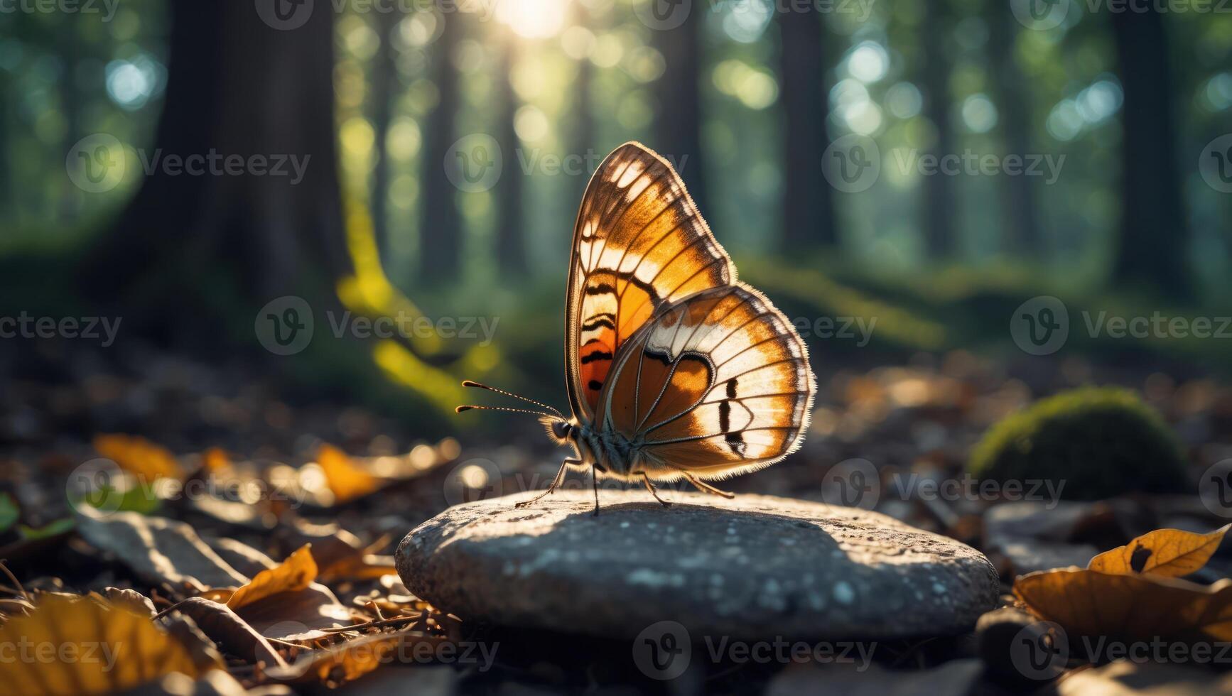 Butterfly Resting on Stone in Forest with Sunlight Filtering Through photo