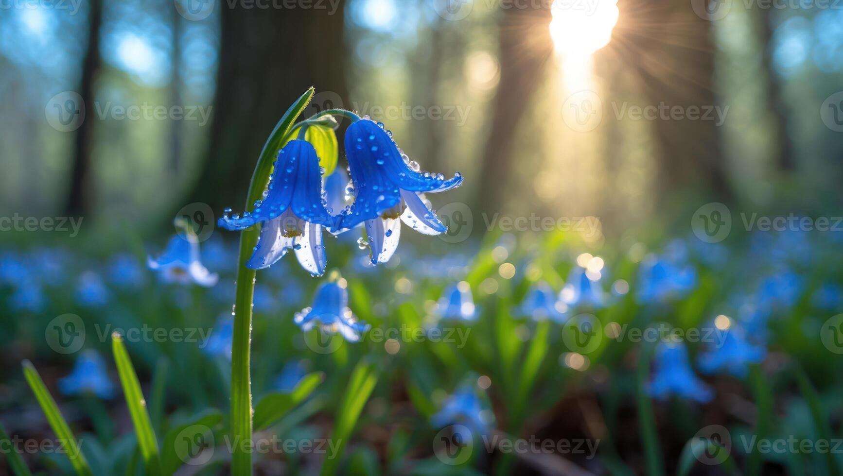 Bluebells Blooming in Forest with Sunlight and Water Droplets photo