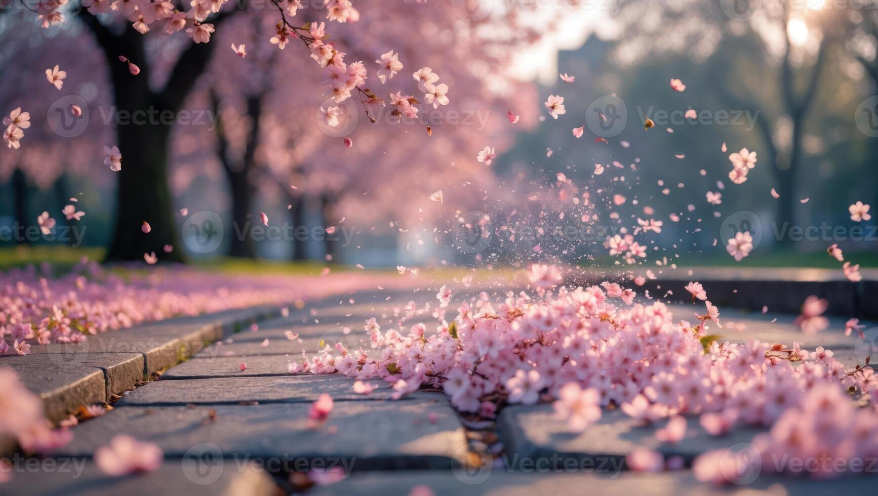 Pink Blossom Petals Falling on Pathway in Springtime Park Scene photo