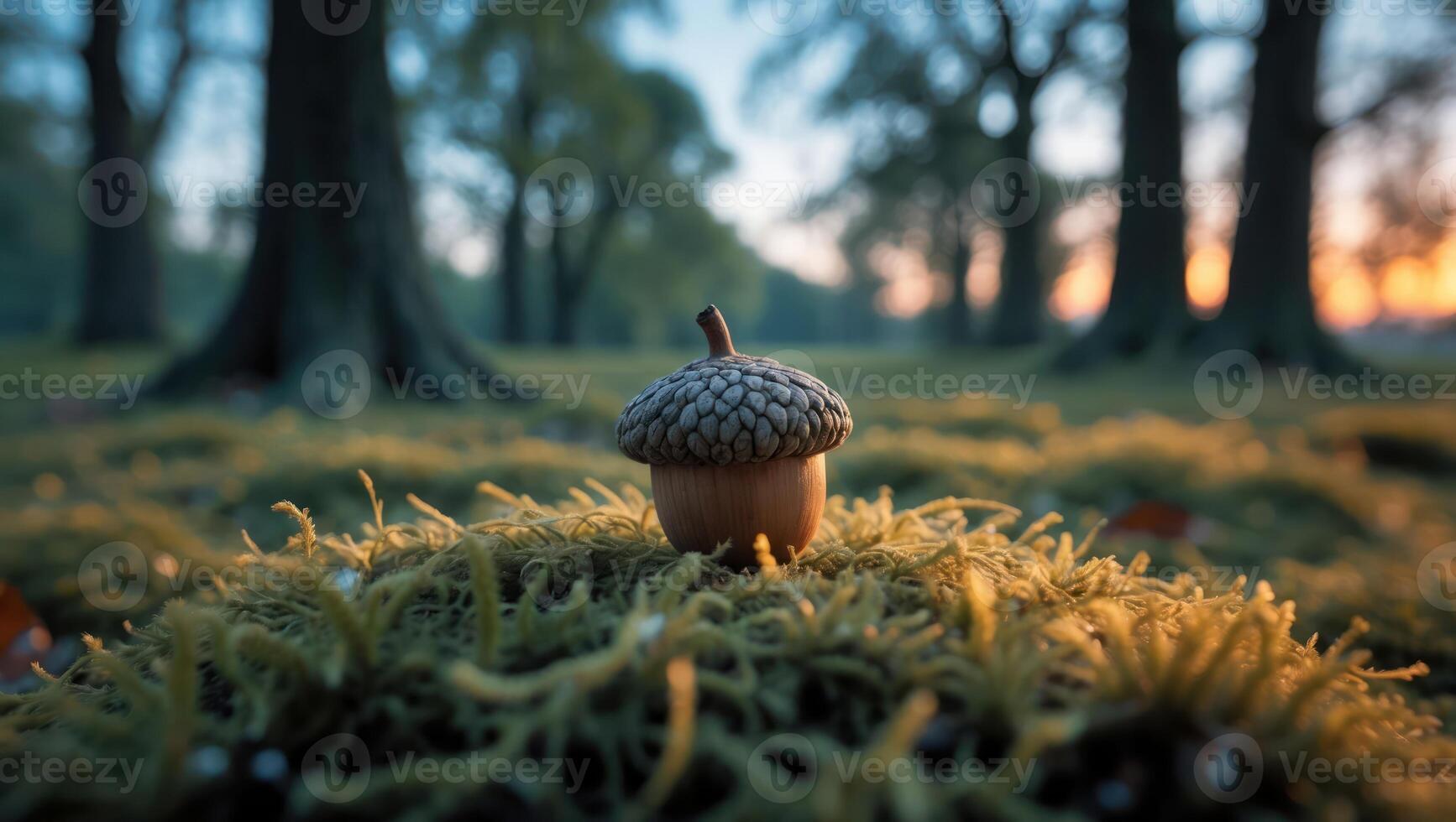 Acorn Resting on Mossy Ground in Forest at Dusk photo
