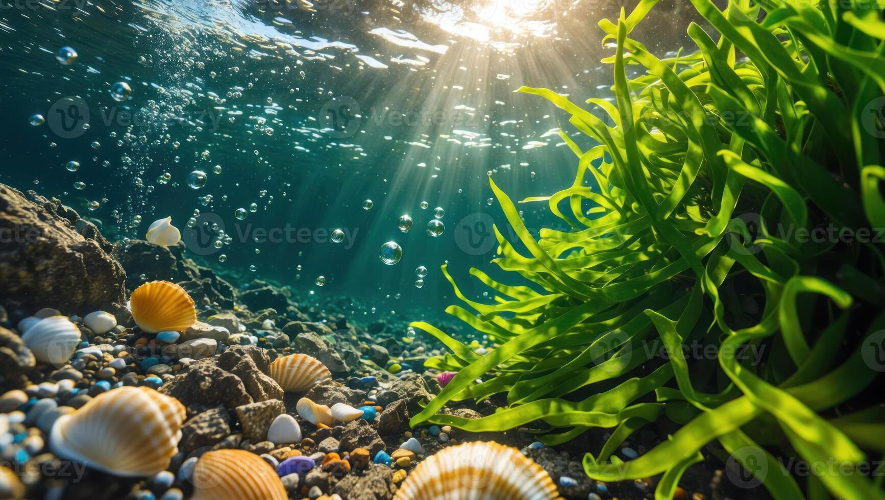 Underwater Scene with Seaweed, Shells, and Sunlight Streaming Through Water photo