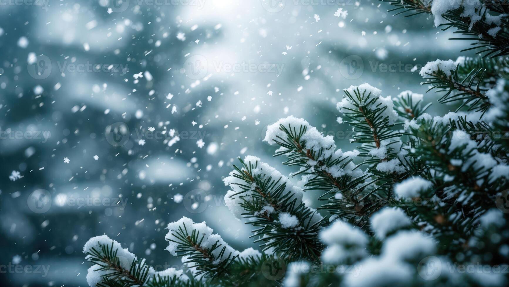 Snow Falling on Evergreen Tree Branches in Winter Forest Scene photo