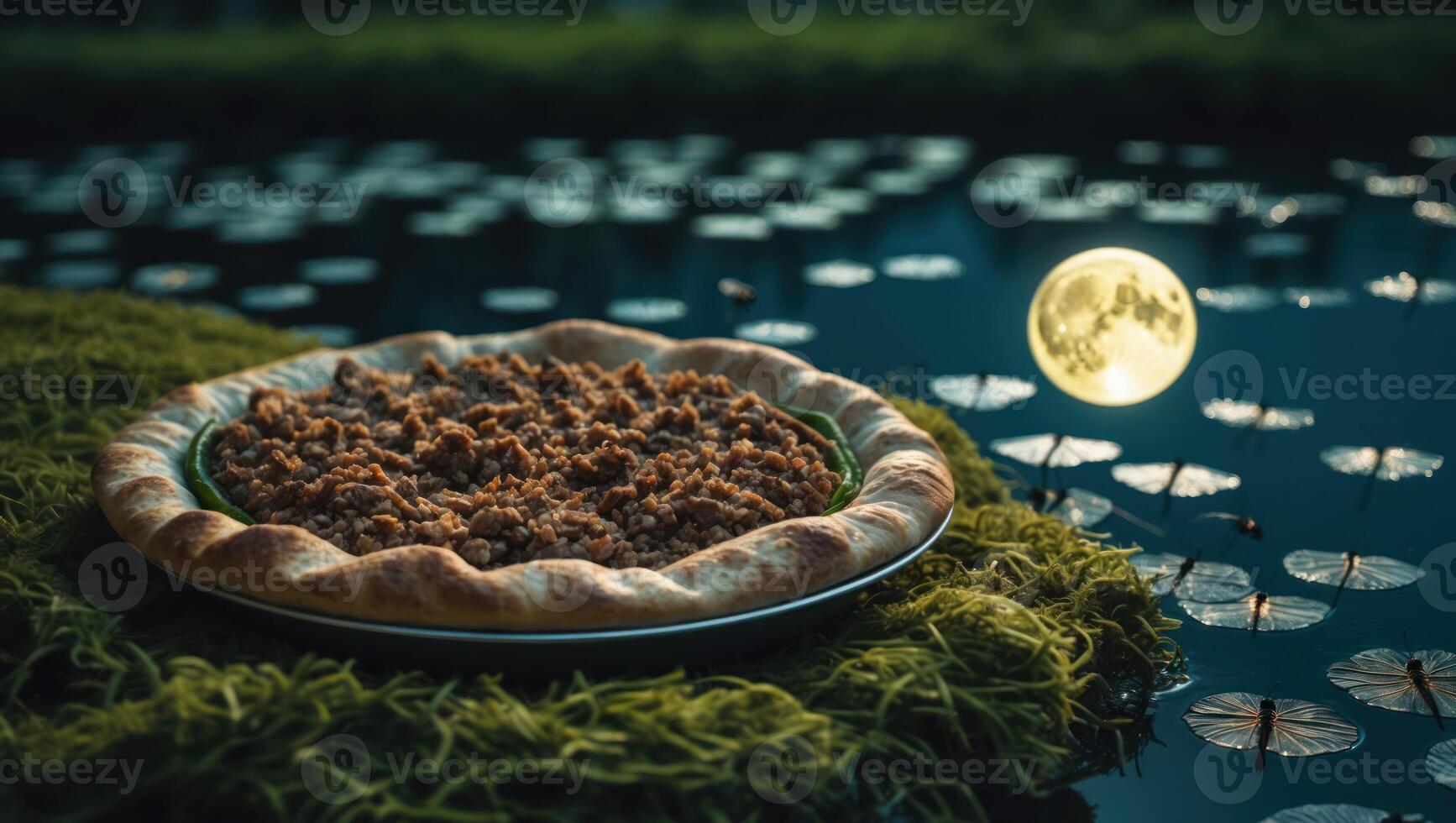 Serving Meat Pie Outdoors at Night Near Water with Moon photo