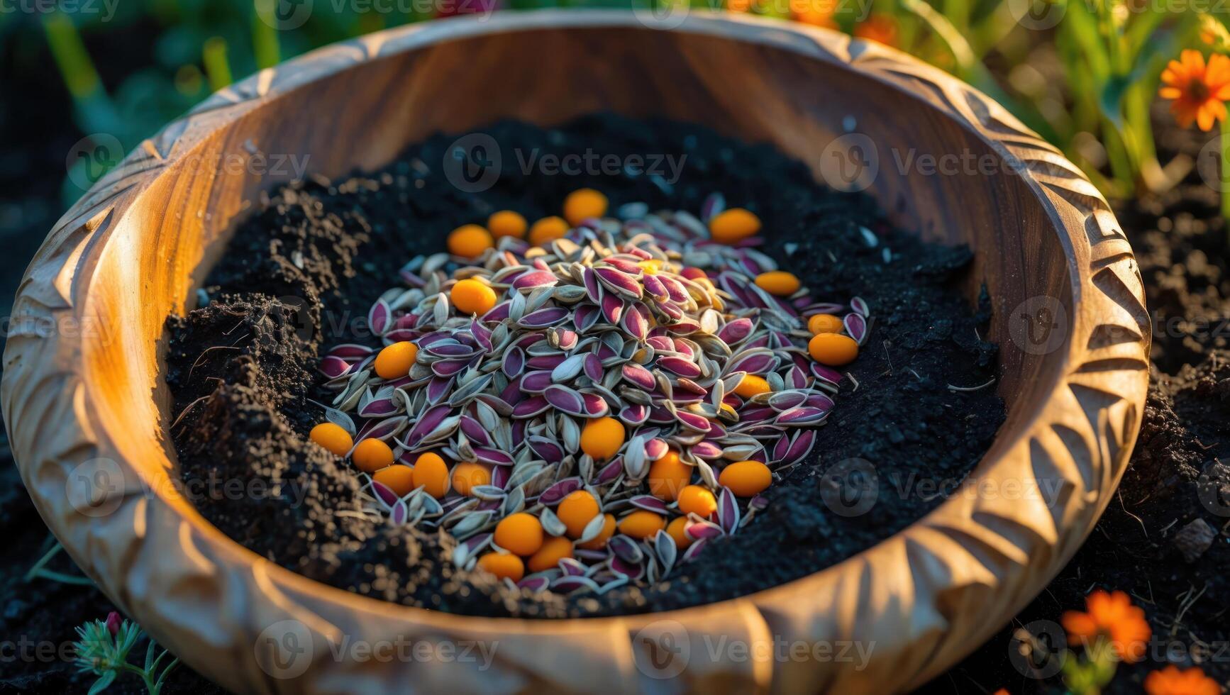 Preparing Seeds in Wooden Bowl with Soil for Spring Planting photo