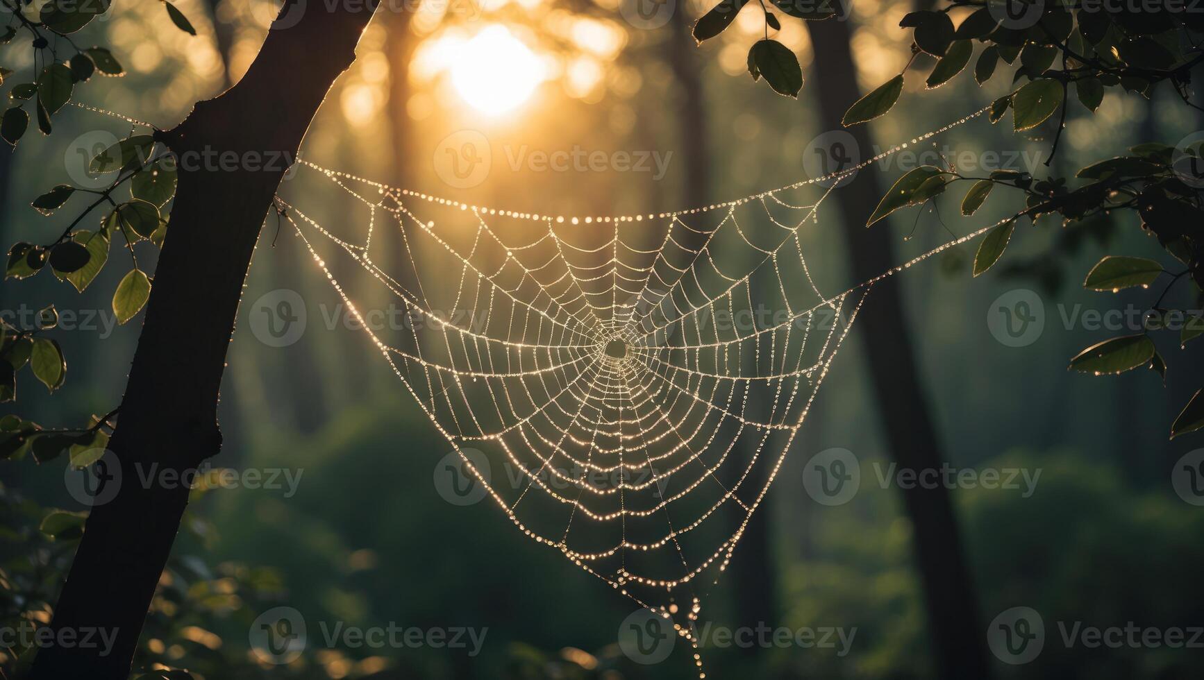 Spiderweb Glistens with Morning Dew in the Forest with Sun Rays photo
