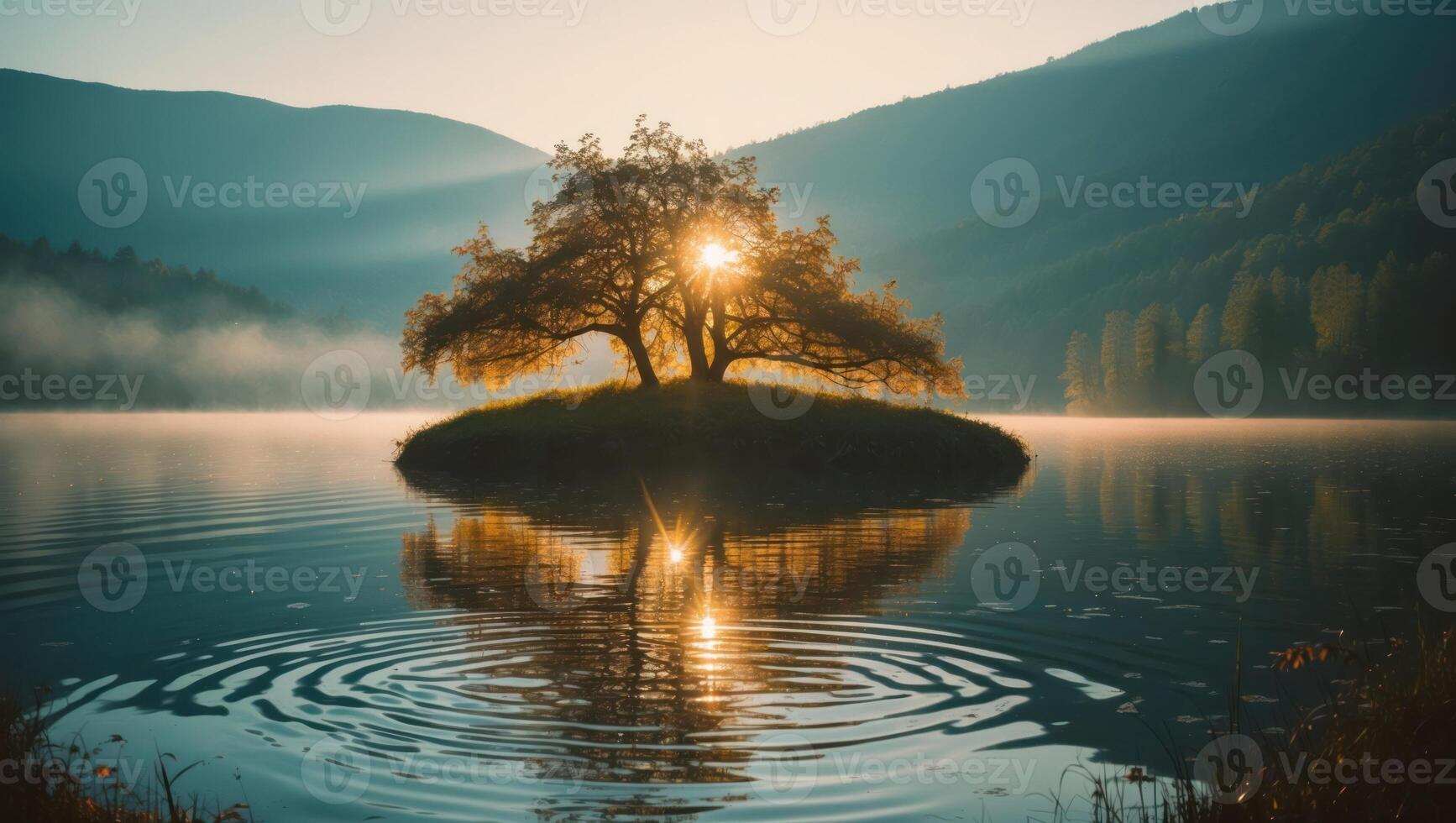 Solitary Tree on Island Reflects in Calm Lake at Sunrise photo