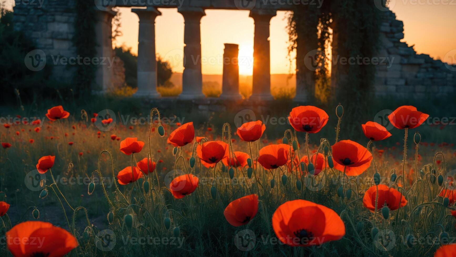 Red Poppy Field at Sunset with Ancient Ruins in Background photo