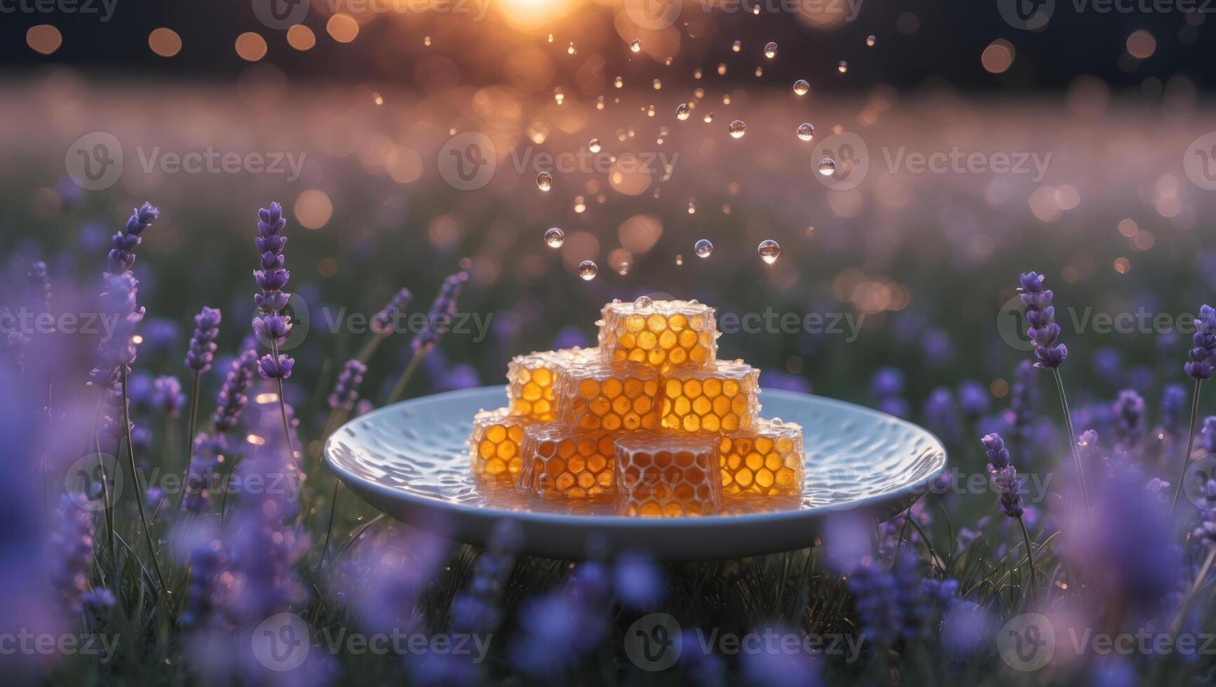 Honeycomb on Plate in Lavender Field at Sunset with Bokeh Light photo