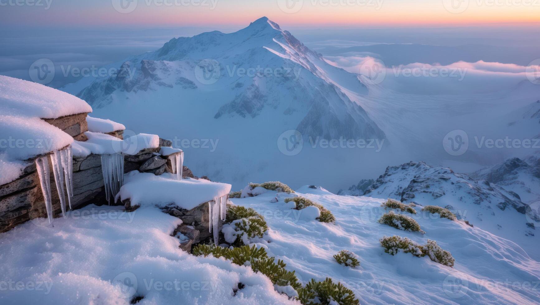 Snowy Mountain Peak Landscape with Icicles at Sunset in Winter photo