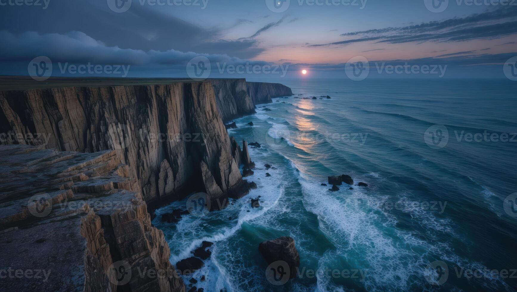 Coastal Cliffside at Sunset with Crashing Waves and Dramatic Sky photo