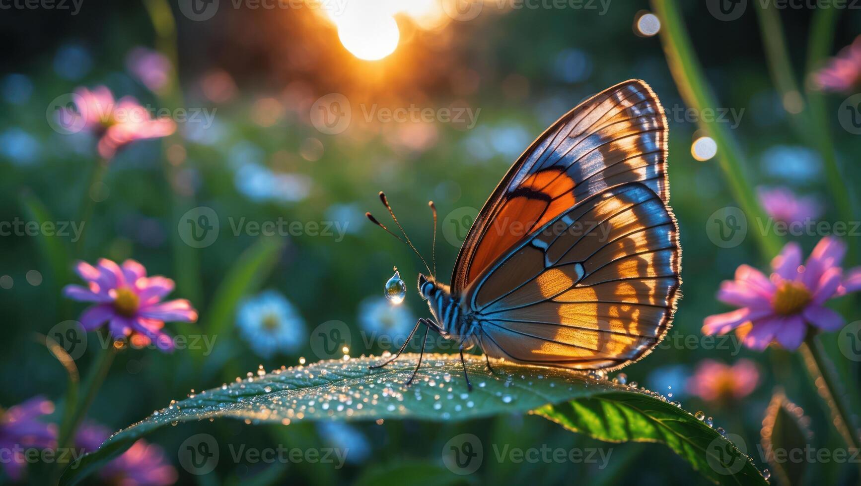Butterfly Resting on Dew Covered Leaf in a Sunny Meadow photo