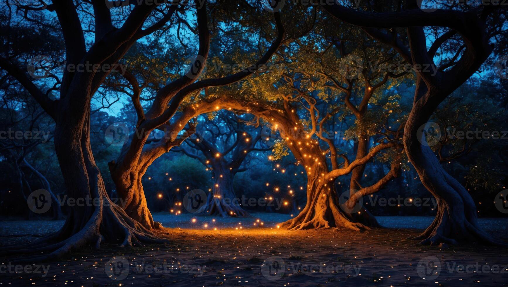 Enchanted Forest Trees Decorated with Fairy Lights at Dusk Creates Magic photo
