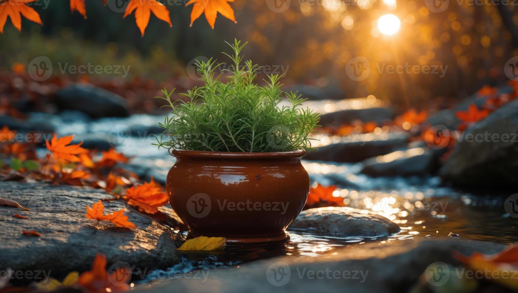 Potted Plant by Stream with Fall Leaves and Warm Light photo