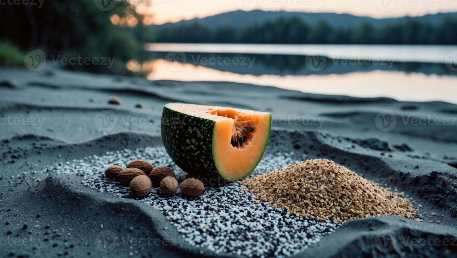 Cantaloupe Half with Walnuts and Seeds on Sandy Beach at Sunset photo