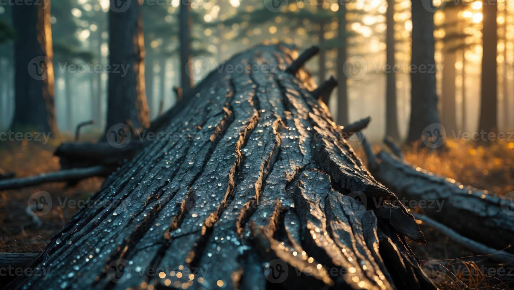Fallen Tree Trunk in Forest with Water Droplets and Sunlight photo