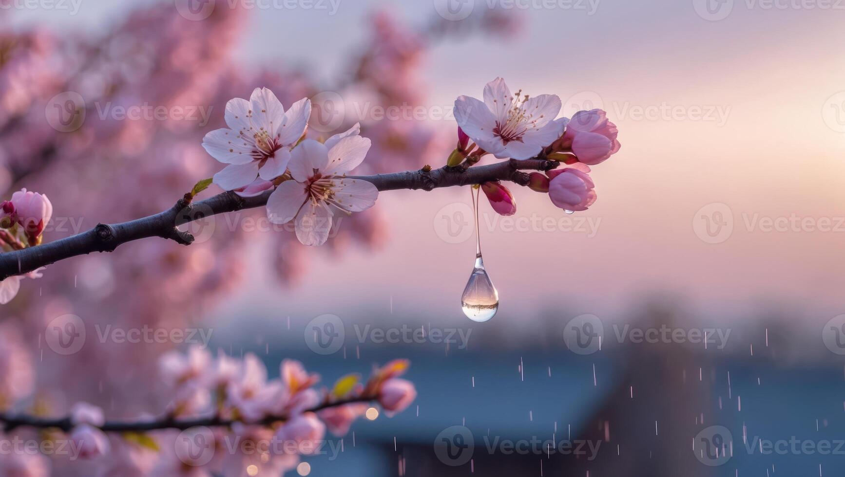 Blooming Cherry Branch with Raindrop Sparkling in Springtime Shower photo