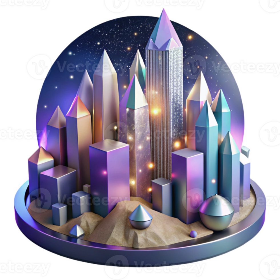 beautiful contemporary Crystal City Skyline Night Scene Isolated professional png