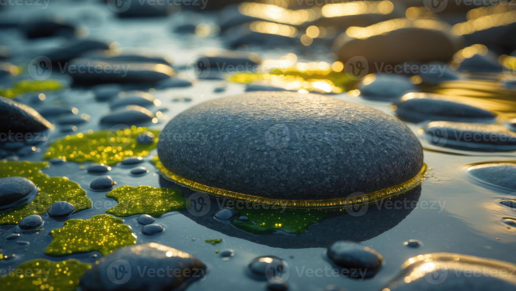 Smooth Rocks Resting on Water Surface with Reflections and Golden Light photo