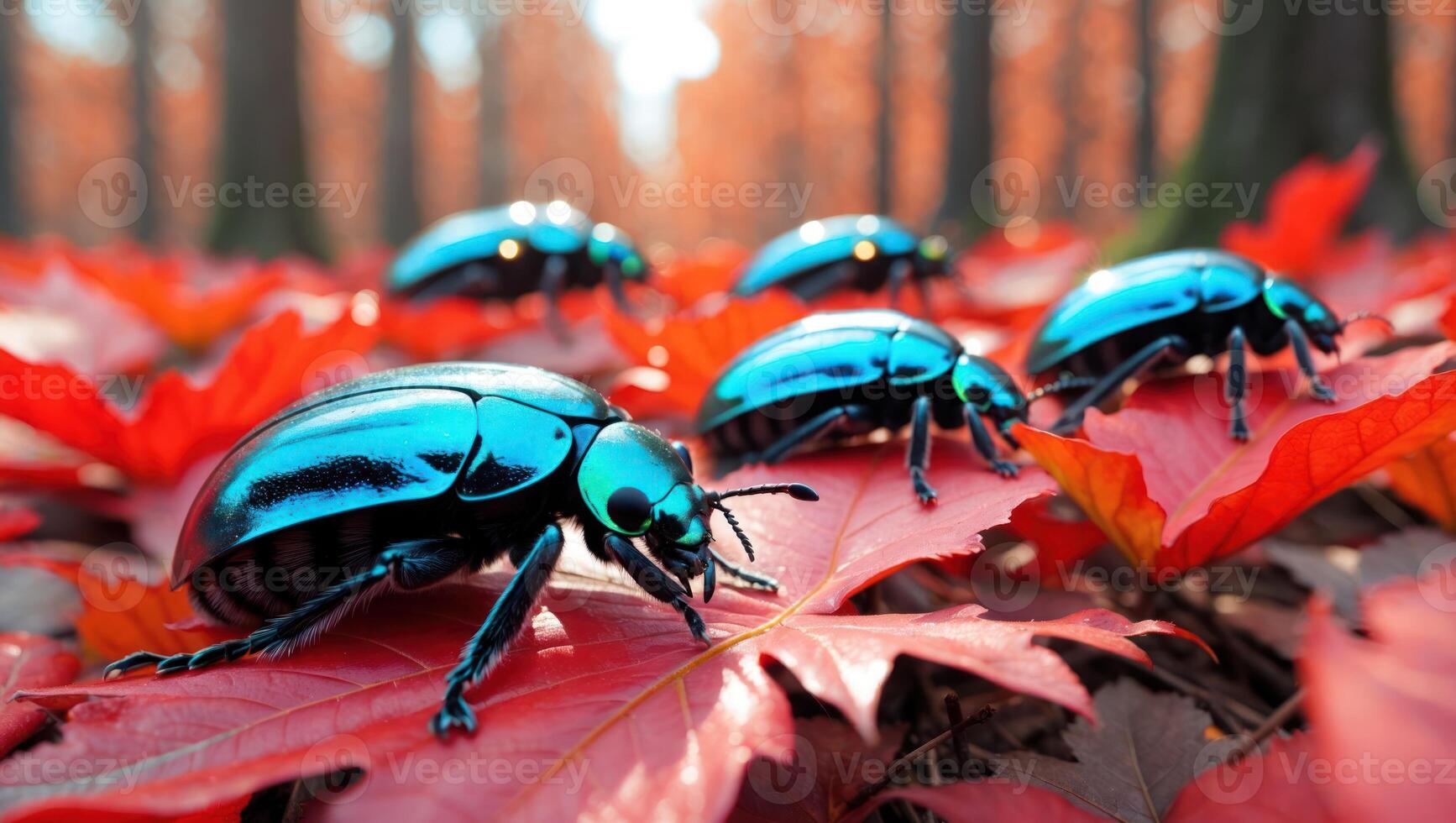 Shiny Blue Beetles Crawling on Autumn Leaves in Forest Setting photo
