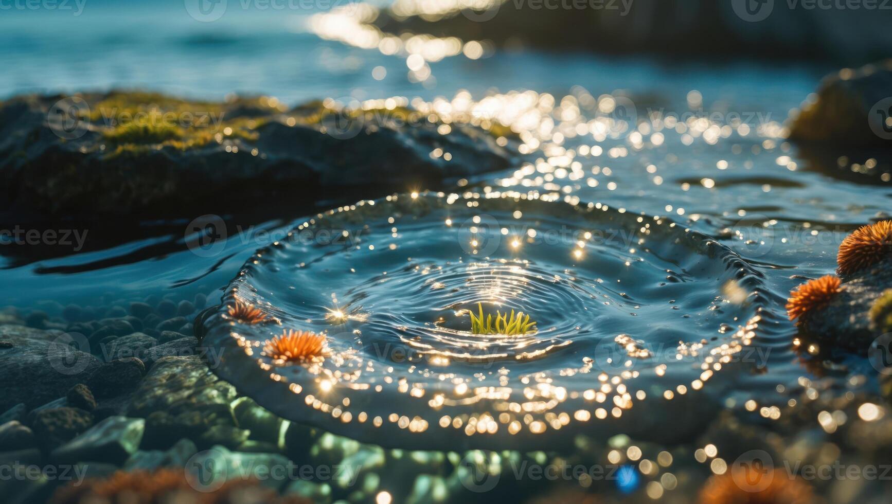 Water Ripple Formation with Coastal Rocks and Sunlit Sparkles photo
