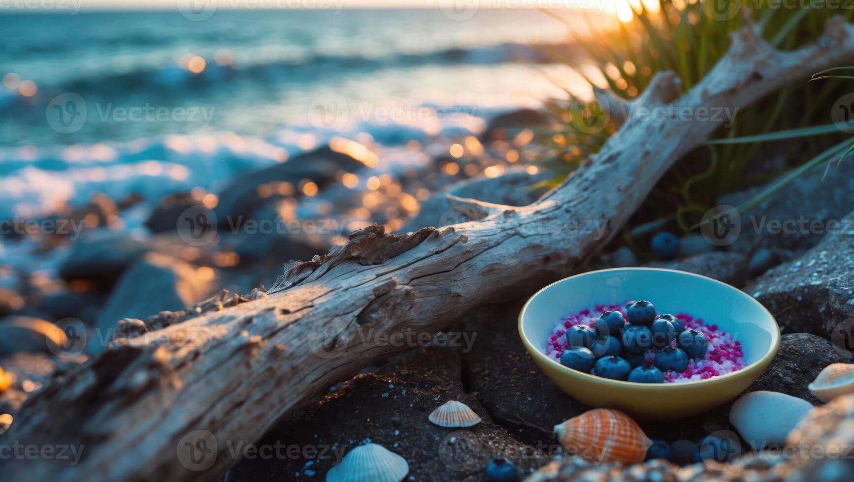 Blueberries in Bowl at Beach During Sunrise Near Driftwood photo