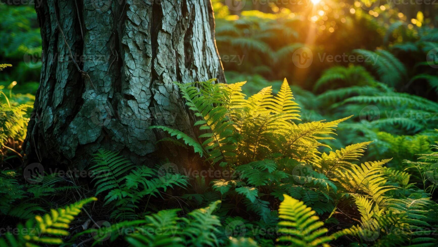 Ferns Growing Around Tree Trunk with Sunlight Streaming Through Forest photo