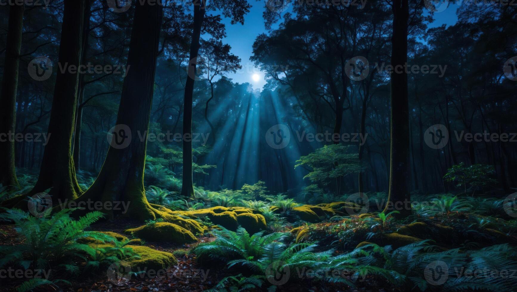 Sun Rays Through Misty Forest with Ferns and Mossy Rocks photo