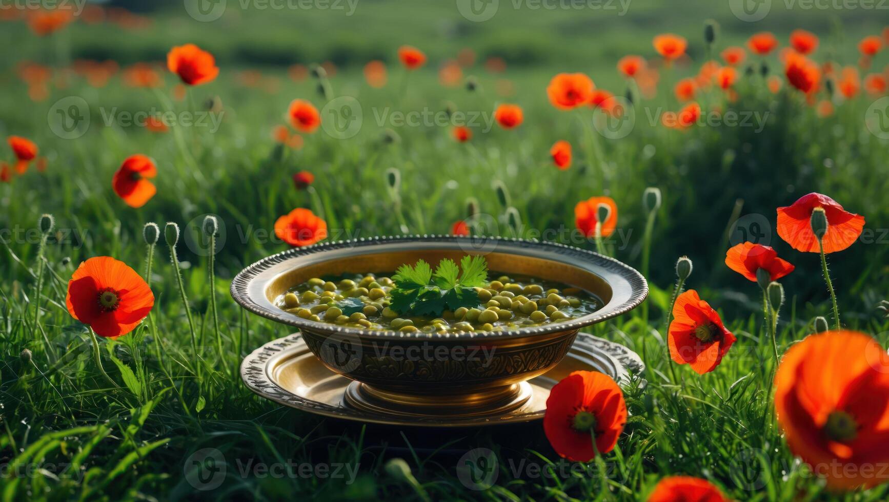 Pea Soup in Ornate Bowl Surrounded by Poppies in Meadow photo