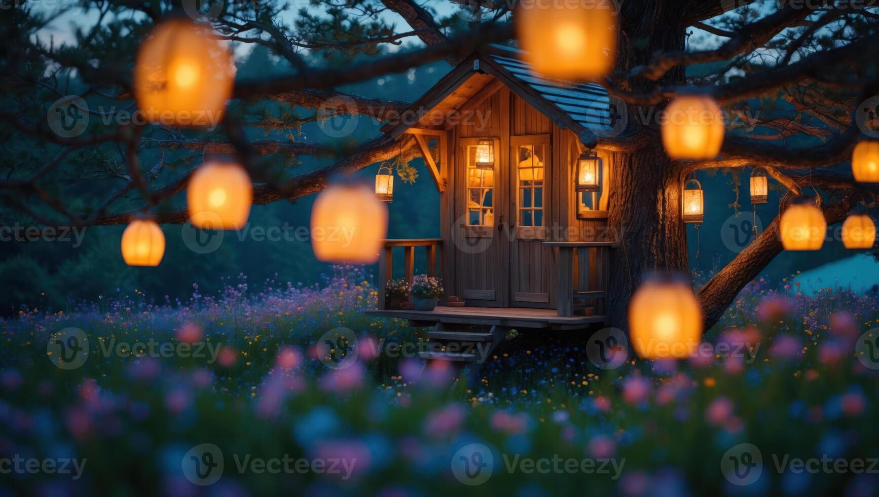 Charming Treehouse with Glowing Lanterns Amidst a Field of Flowers photo