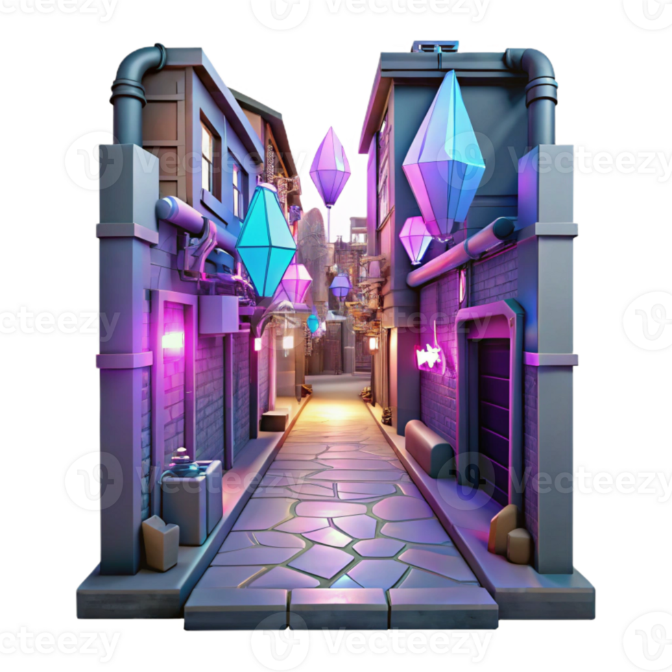 vibrant rustic Cyberpunk Alleyway with Neon Signs Cutout professional png