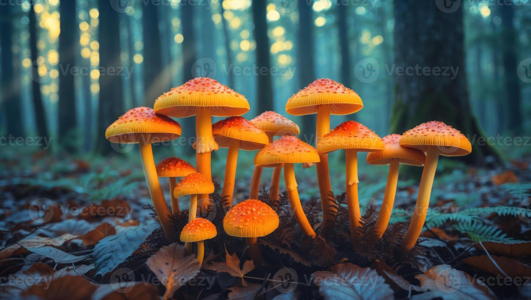 Group of Orange Mushrooms Growing in Forest with Soft Light photo